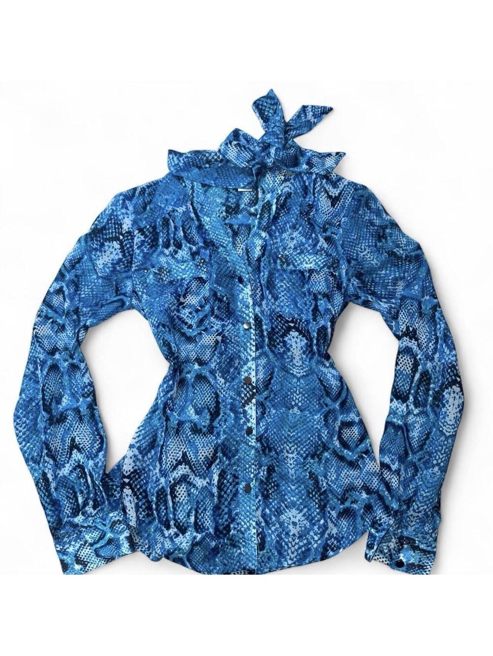 Cache Blue Snakeskin Tie-Neck Blouse